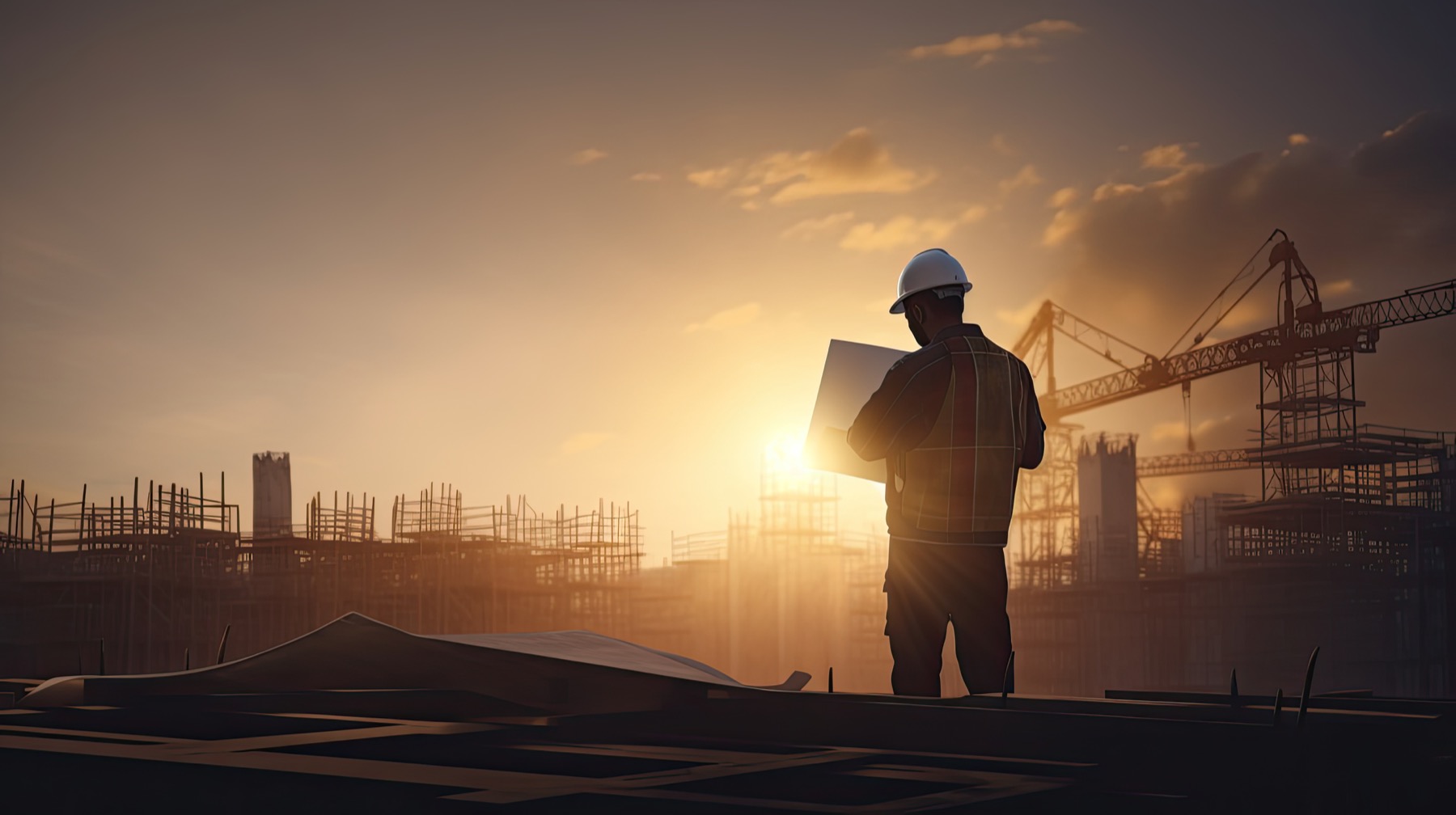 Civil engineer inspecting a construction site at sunset